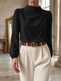 Women's Satin High Neck Blouse Long Sleeve Draped Silk Shirt