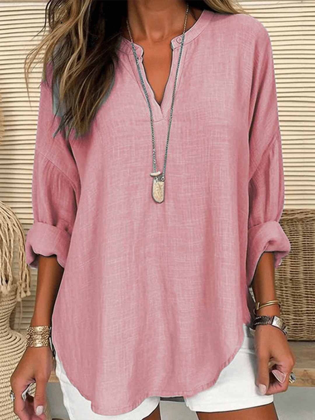 Linen V-Neck Women's Long Sleeve Tunic Blouse Tops