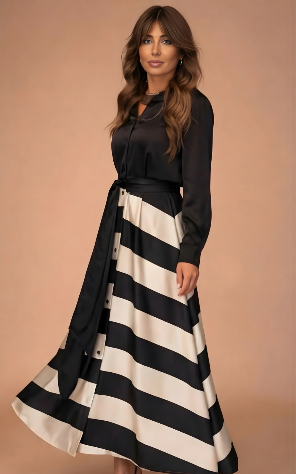 Women's Silk Striped Long Sleeve Maxi Dress