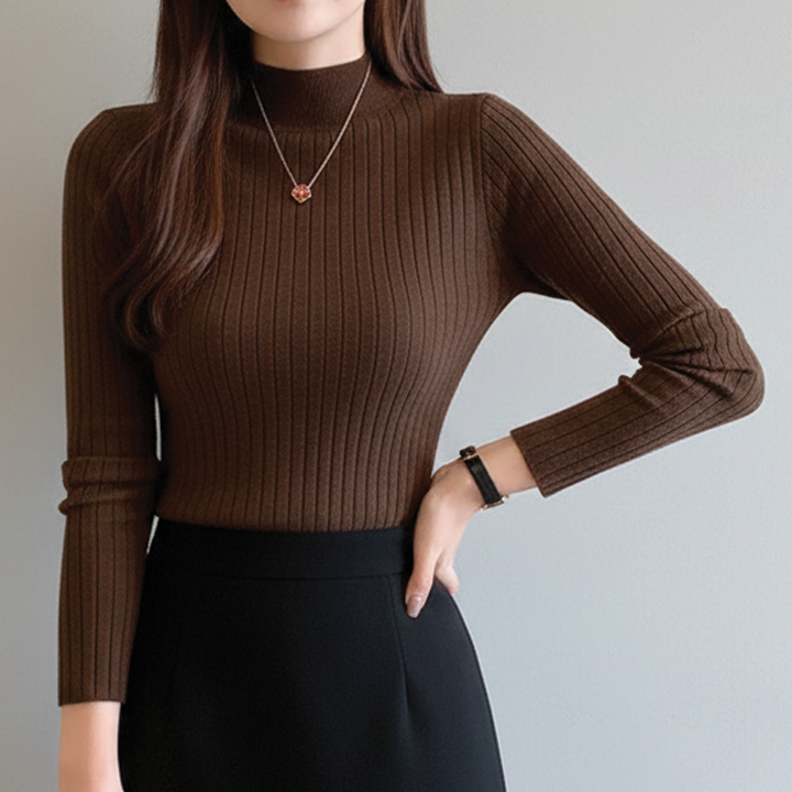 Women's Mock Neck Ribbed Knit Merino Wool Long Sleeve Jumper