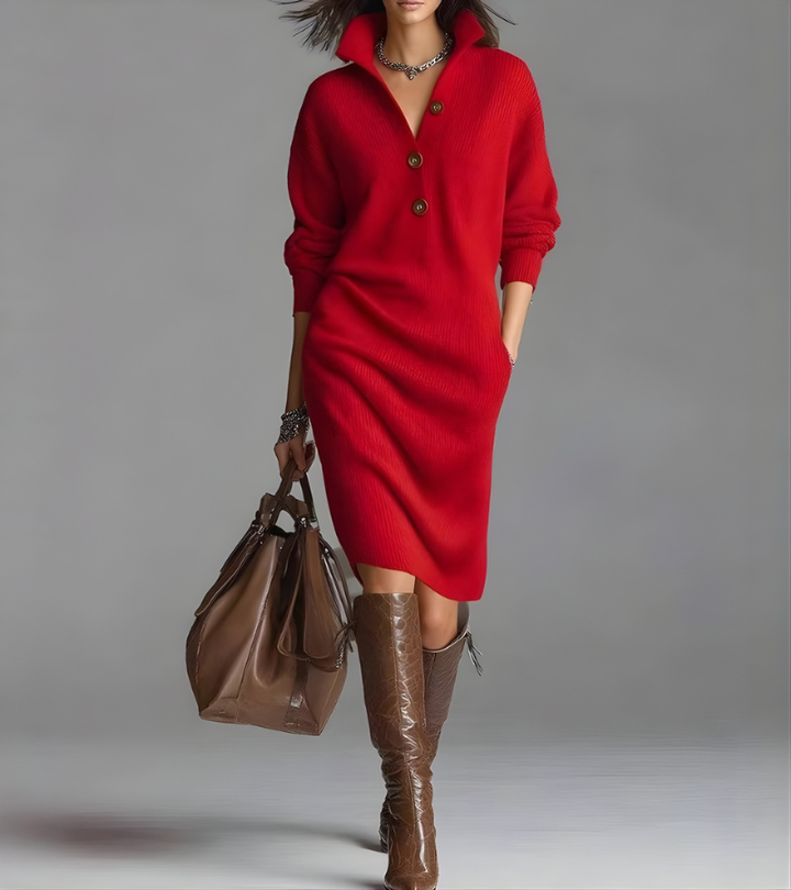 Women's Knit Long-Sleeve Button-Placket Polo Midi Dress