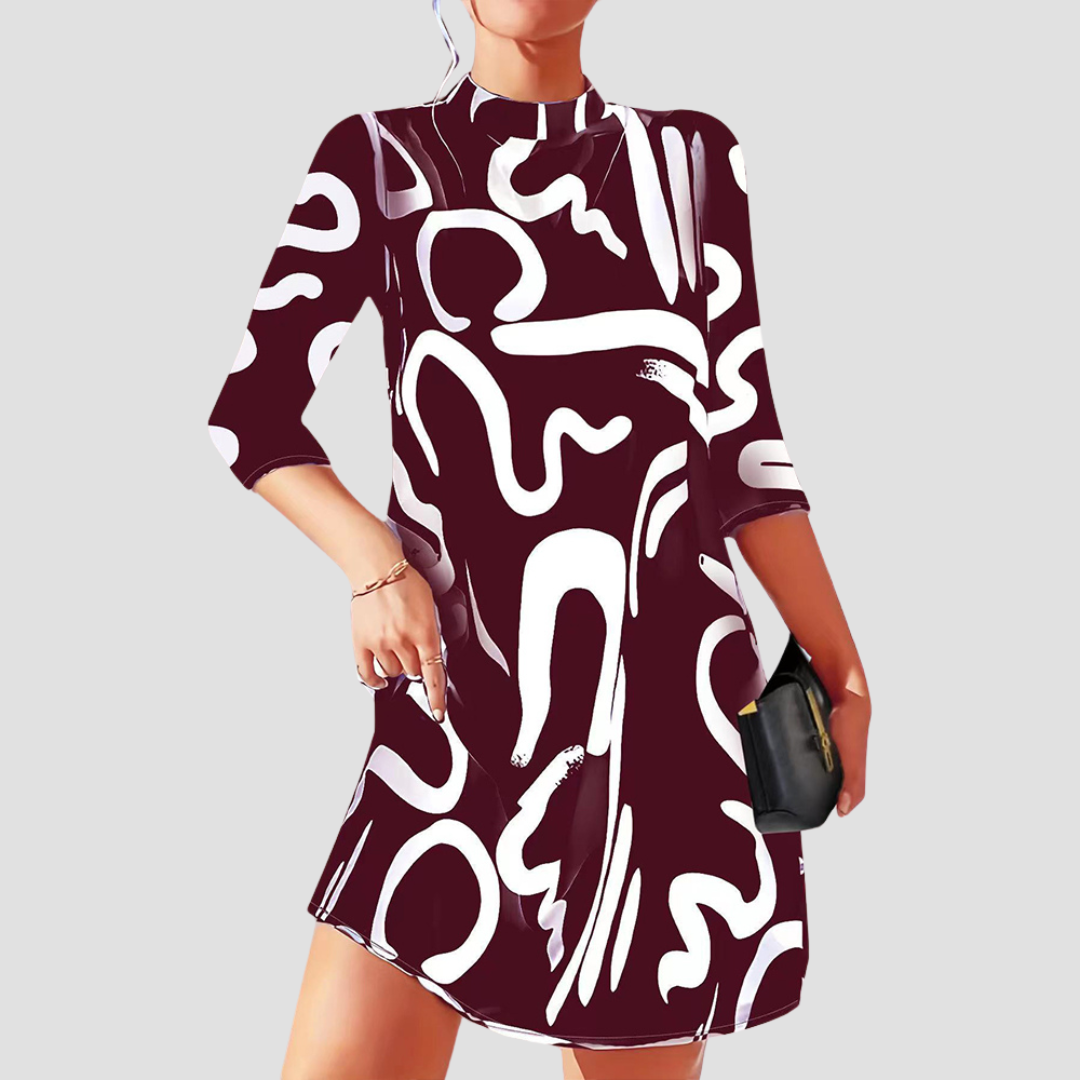 Women's Satin Dress Mock Neck Abstract Print 3/4 Sleeve Shift