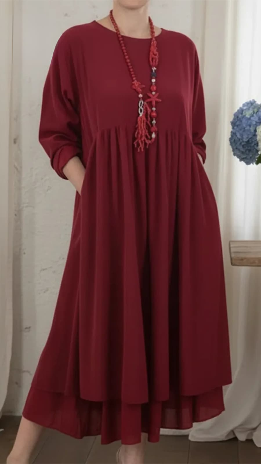 Women's Linen Crew-Neck Maxi Dress