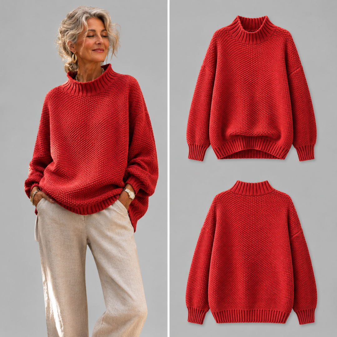 Γυναικείο πλεκτό oversized πουλόβερ με όρθιο γιακά και ασύμμετρο τελείωμα