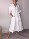 Women's V-Neck Linen Maxi Dress With Half Sleeves