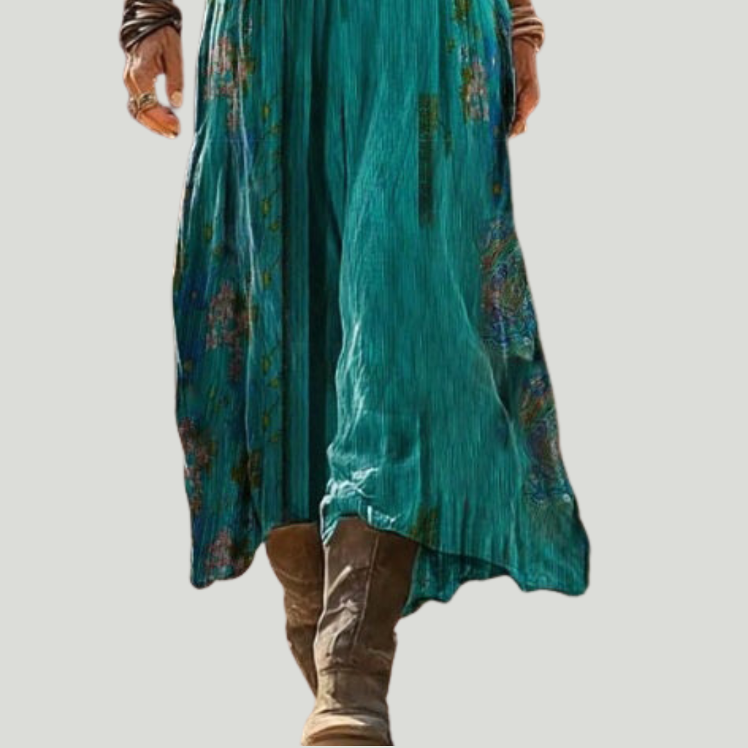 Women's Linen Boho V-Neck Long Sleeve Flowy A-Line Maxi Dress
