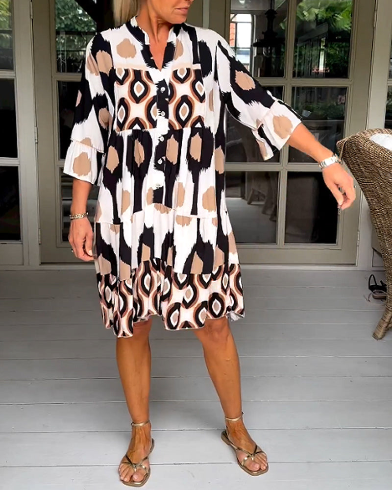 Women's Abstract Print V Neck Tiered Linen Shift Dress