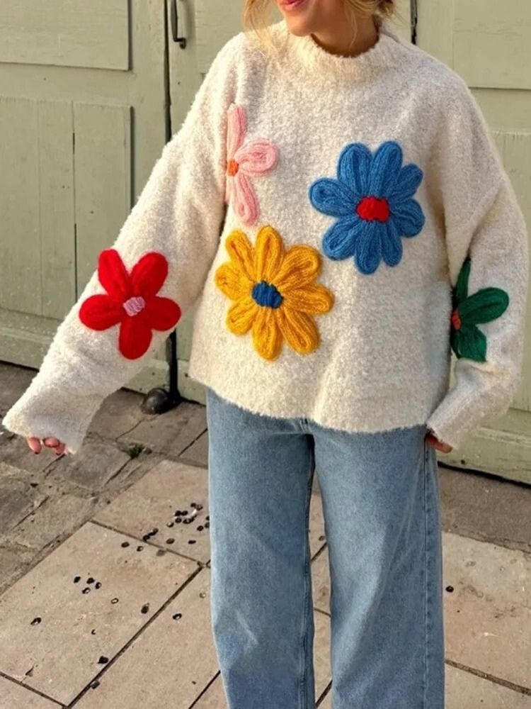 Women’s Floral Knit Crewneck Pullover Sweater