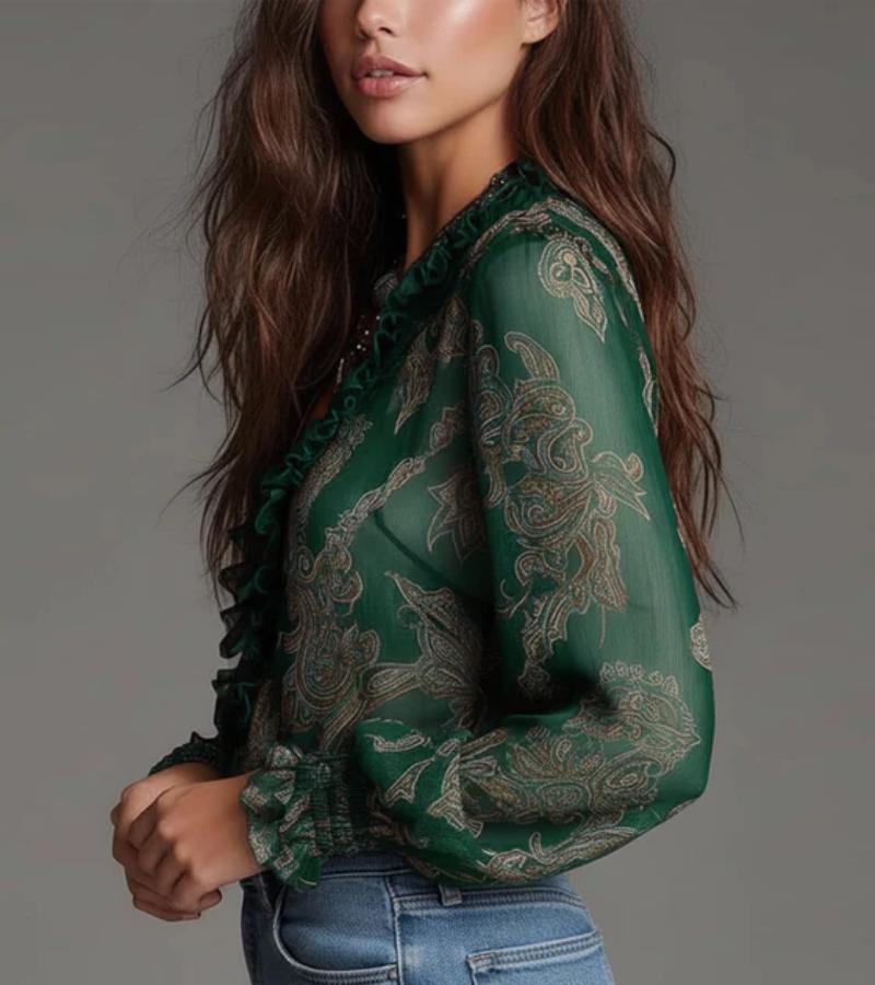 Women's V-Neck Ruffled Long Sleeve Chiffon Blouse