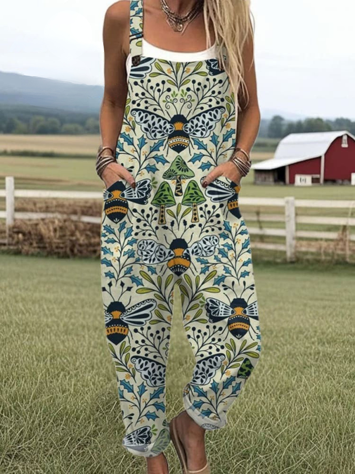 Women's Linen Blend Graphic Print Loose Fit Sleeveless Overalls Jumpsuit