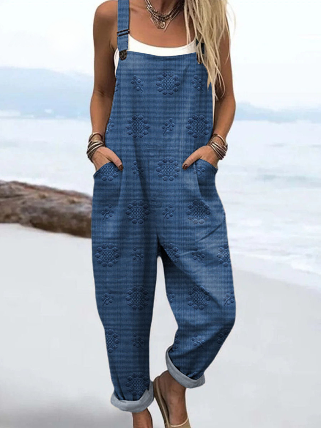 Women's Linen Dungarees Loose Fit Overalls Jumpsuit