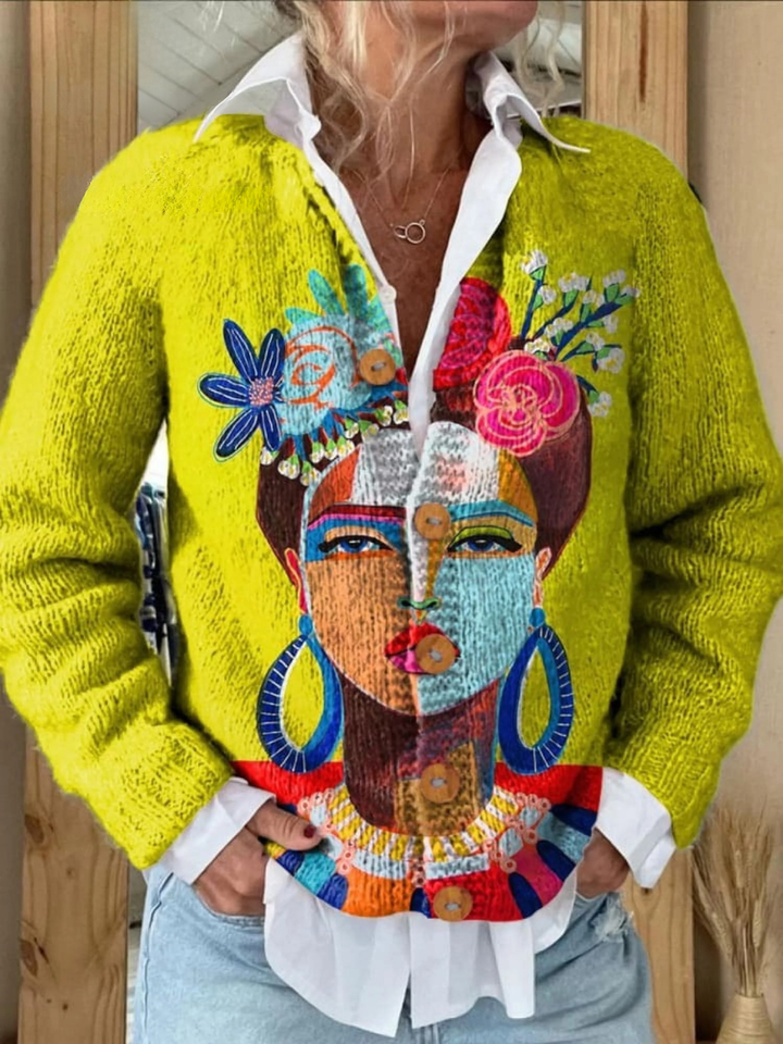 Women's Oil Painting Portrait Print Linen Shirt