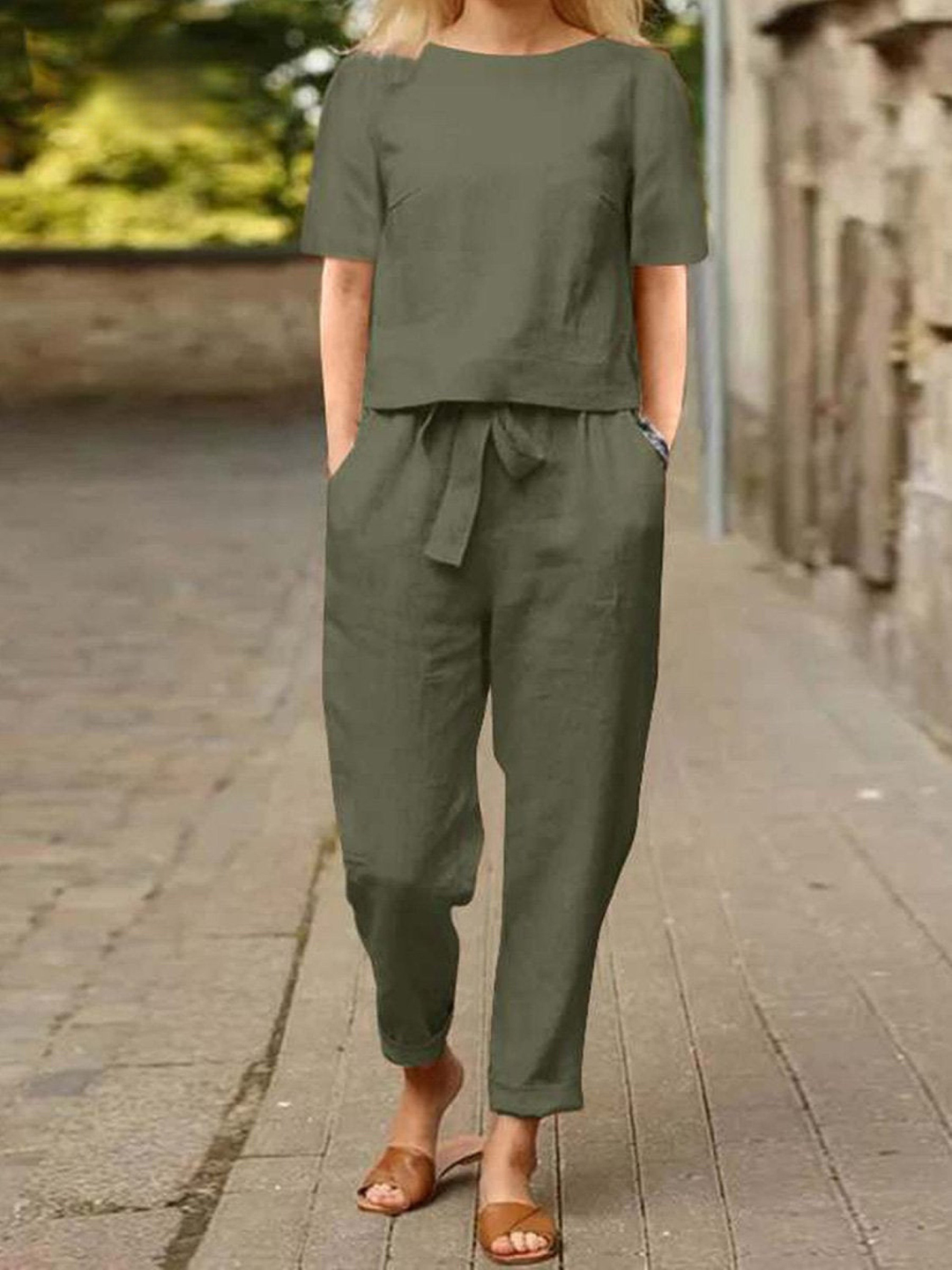 Women's Linen Two Piece Set Short Sleeve Top and Trousers Outfits