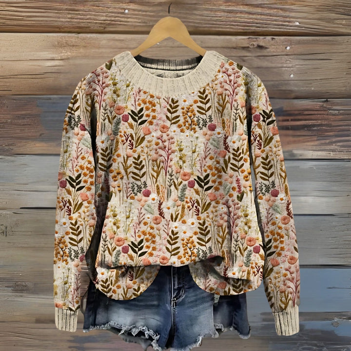 Women's Knit Floral Sweater Crewneck Long Sleeve Pullover Top