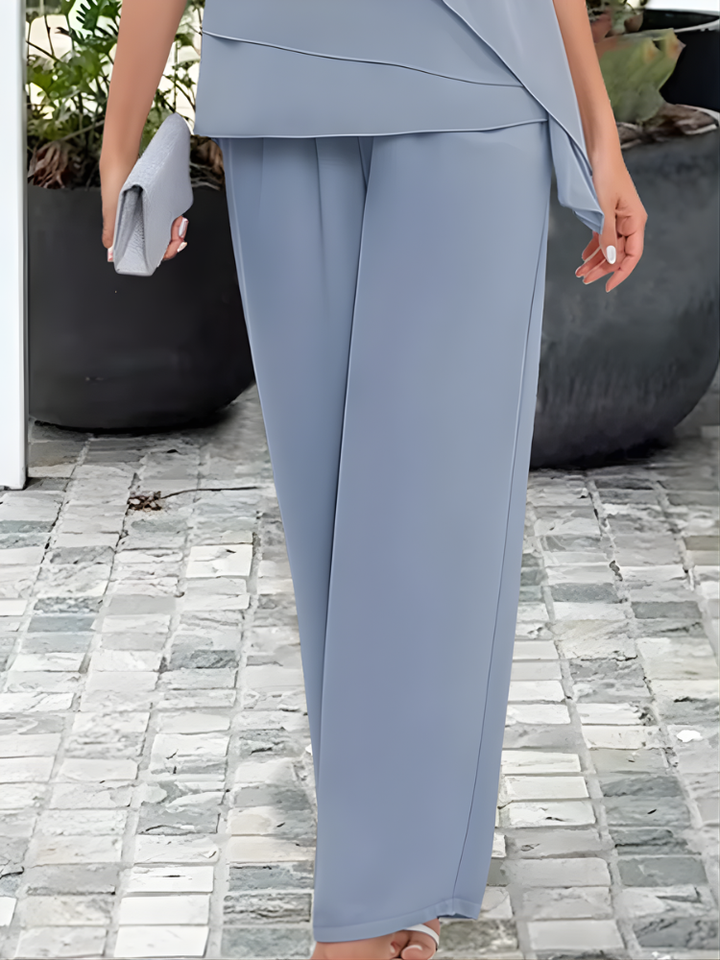 Elegantní dámský kalhotový kostým ze šifonu, dvoudílný outfit pro svatební hosty