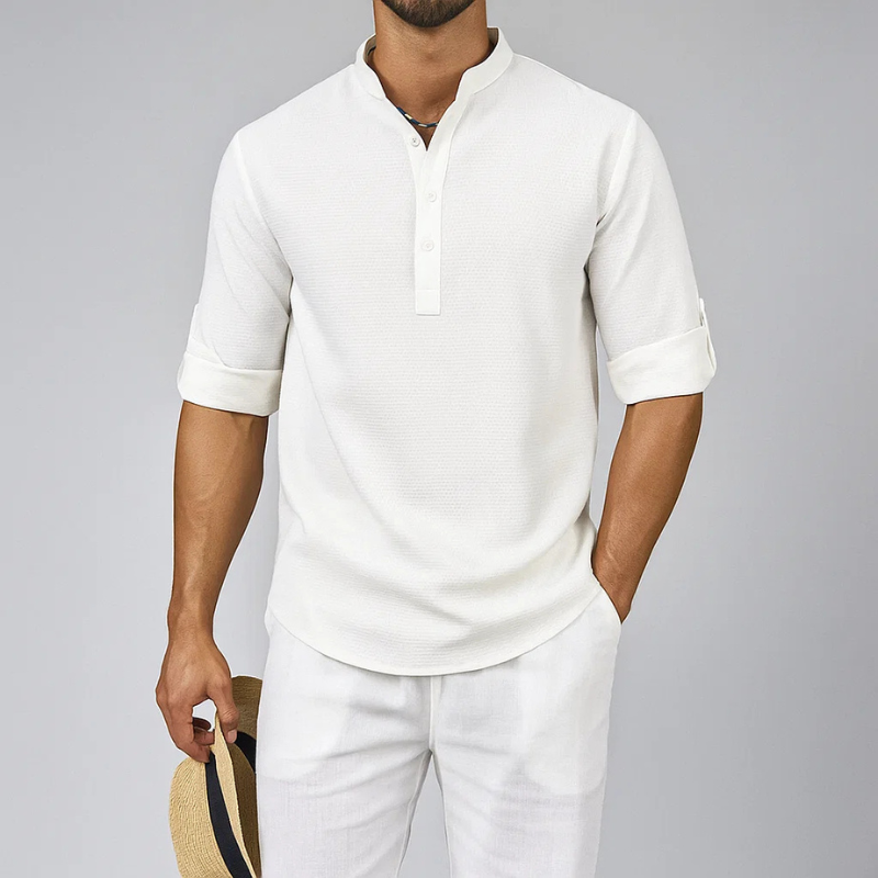 Men's Linen Henley Shirt Roll-Up Sleeve Casual Top