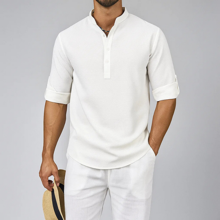 Men's Linen Henley Shirt Roll-Up Sleeve Casual Top