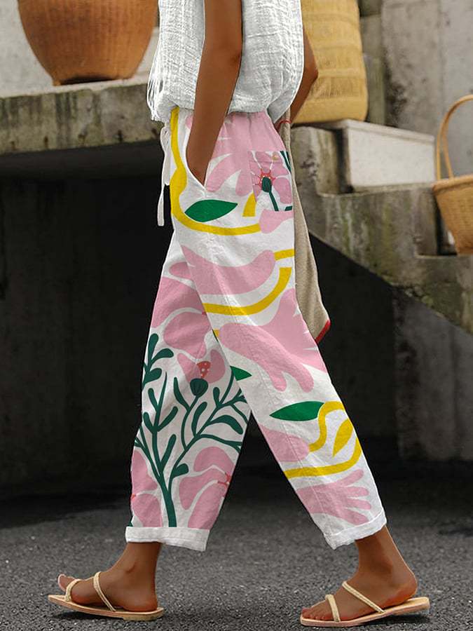 Women's Straight Leg Linen Look Trousers with Elastic Waistband