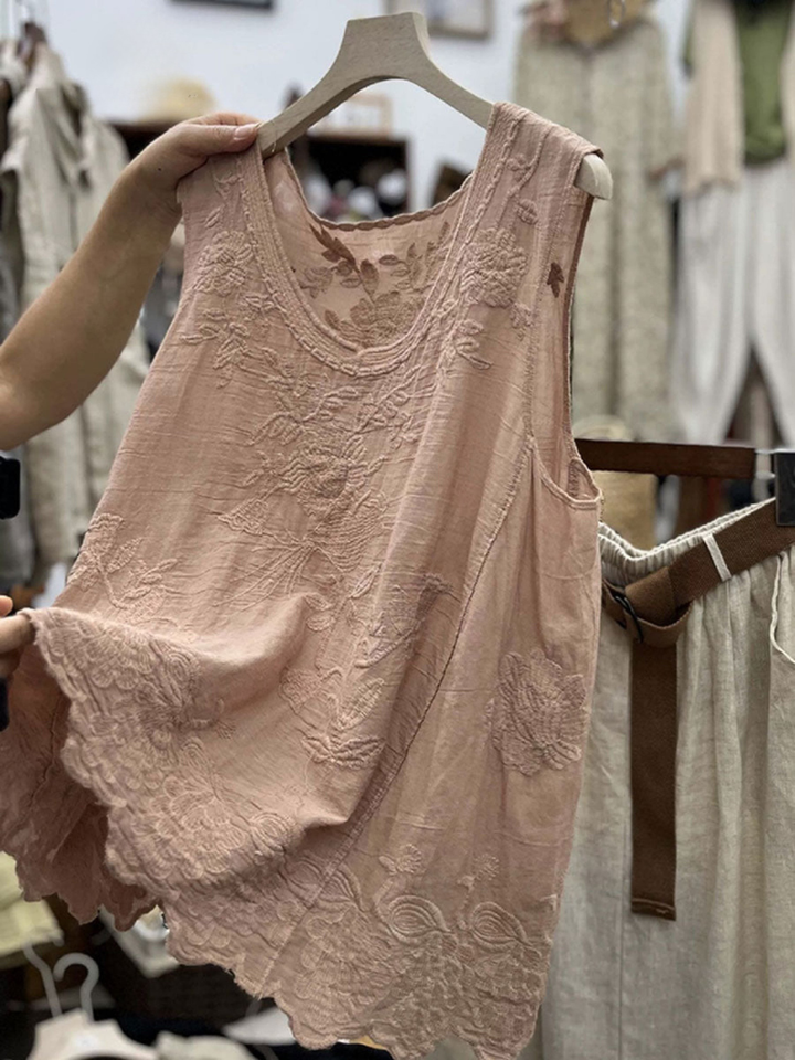 Women's Embroidered Linen Tank Top Sleeveless Blouse
