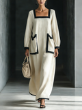 Women's Linen Blend Long Sleeve Square Neck Loose Fit Casual Maxi Dress