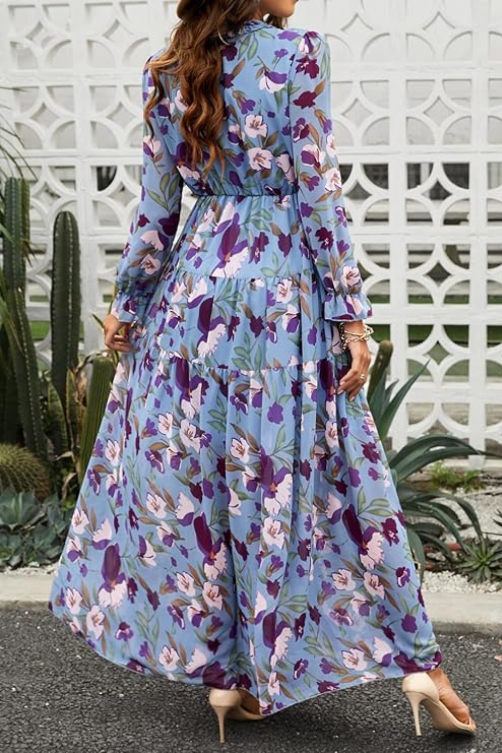 Women's Chiffon Floral V Neck Long Sleeve Maxi Dress