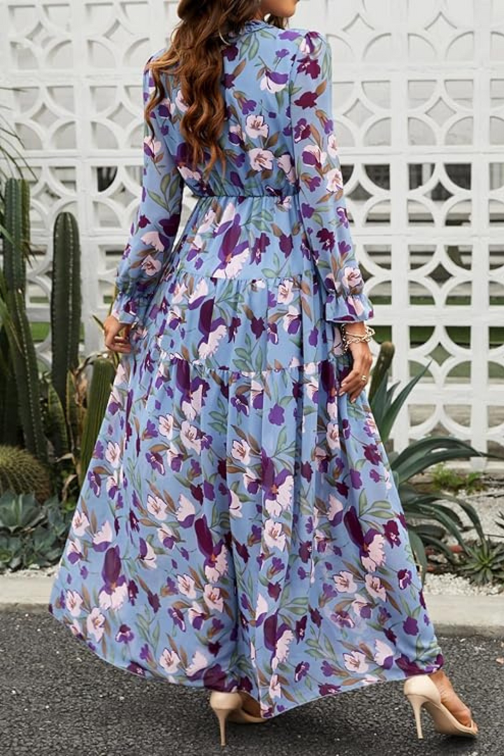 Women's Chiffon Floral V Neck Long Sleeve Maxi Dress