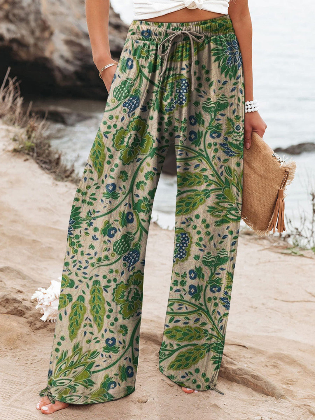 Women's Linen Wide Leg Trousers Floral Print High Waisted Palazzo Pants