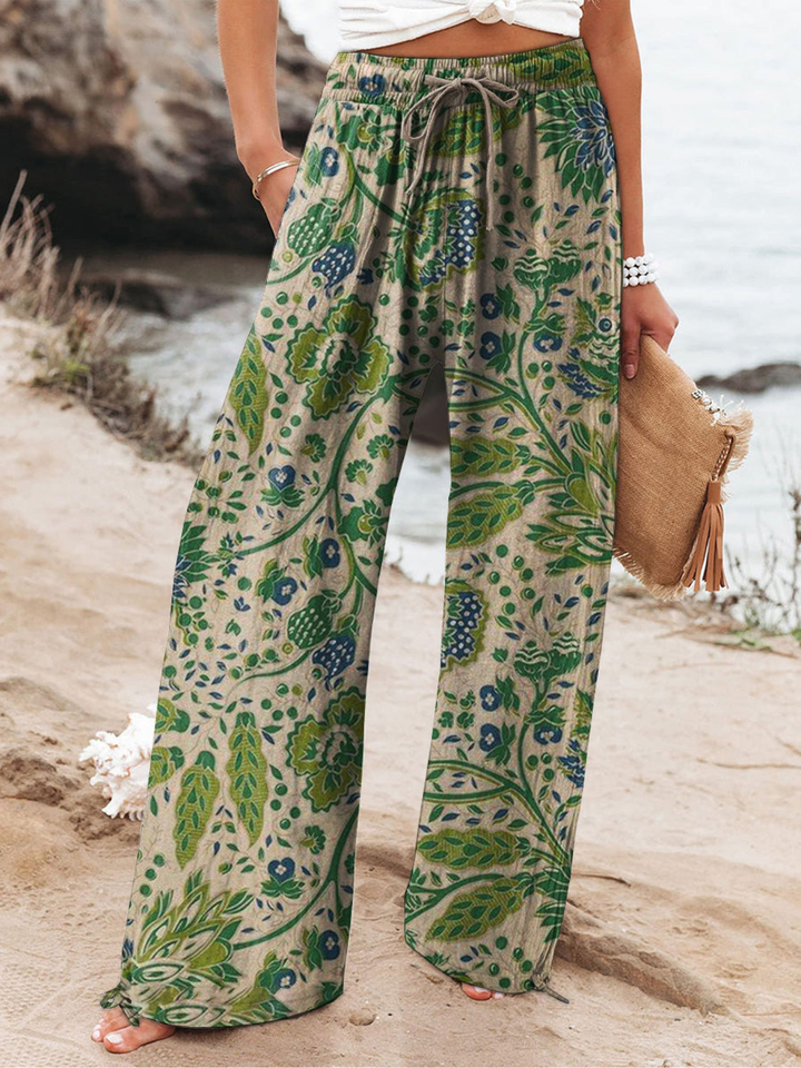 Women's Linen Wide Leg Trousers Floral Print High Waisted Palazzo Pants