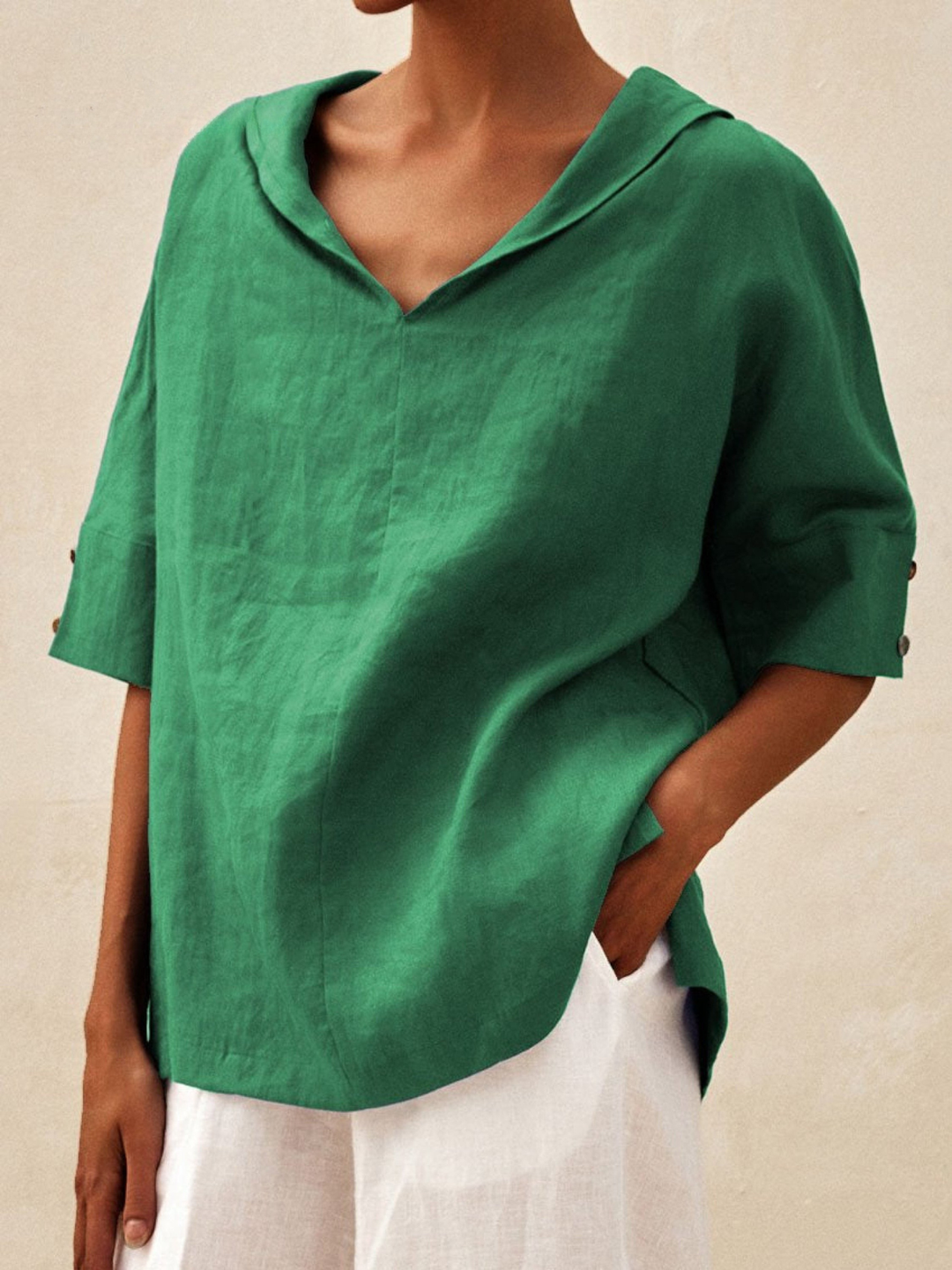 Women's Linen Blouse V-Neck Casual Loose Tunic Top