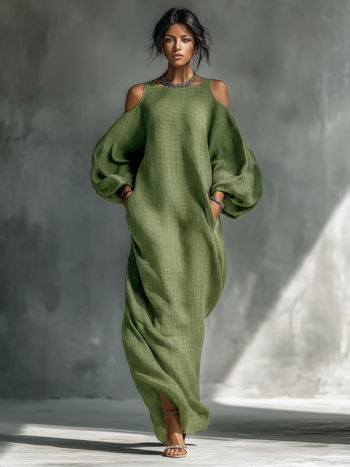 Women's Linen Cold Shoulder Balloon Sleeve Maxi Dress
