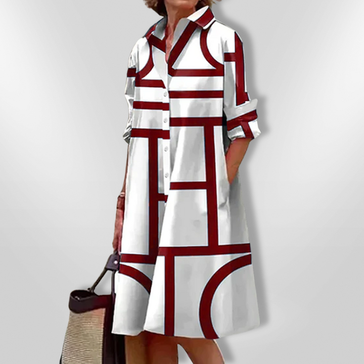Women's Linen Shirt Dress Geometric Print Midi A-Line Casual Dress