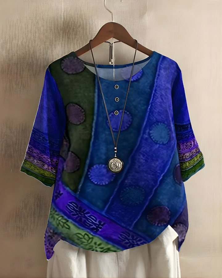 Damska lniana tunika w stylu vintage boho, drukowana bluzka