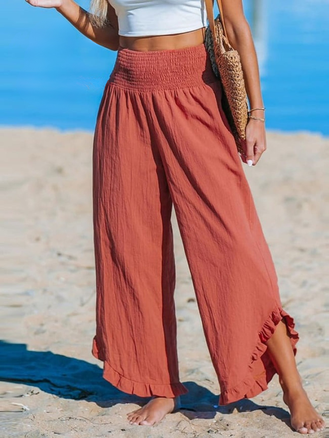 Women's Linen Ruffle Blouse and Wide Leg Trousers Pants