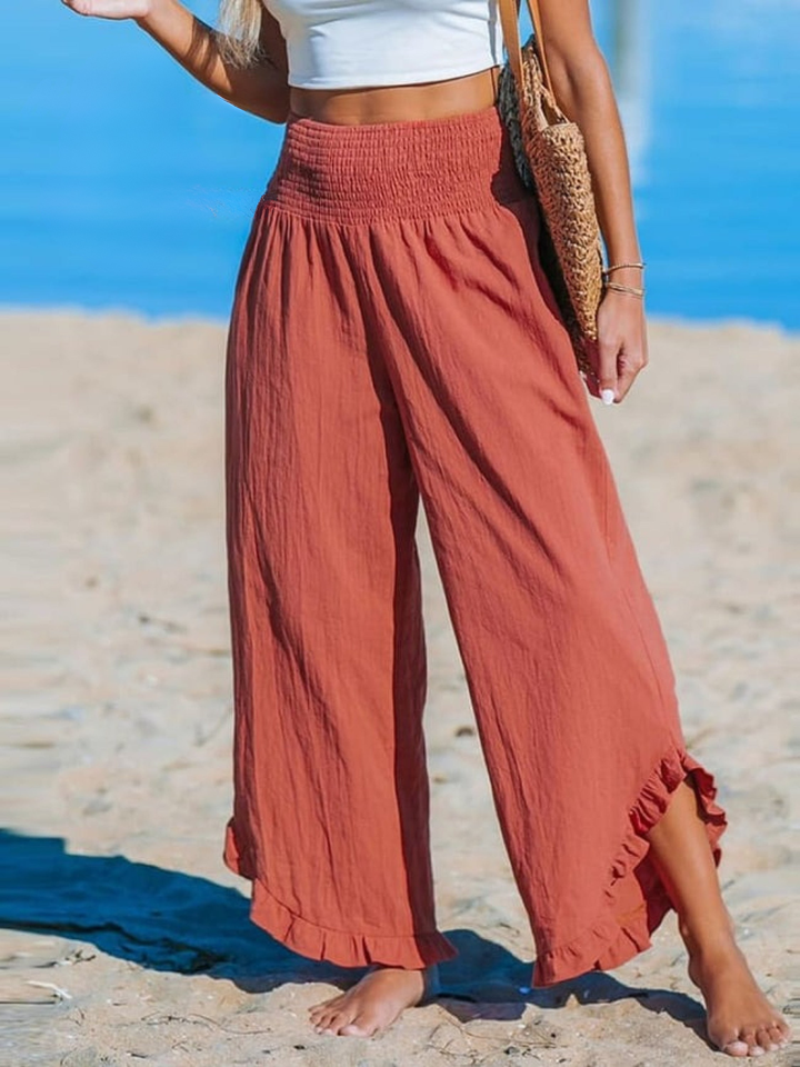 Women's Linen Ruffle Blouse and Wide Leg Trousers Pants