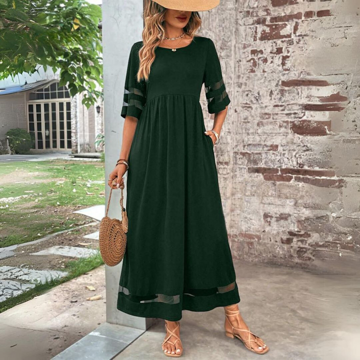 Women's Linen Maxi Dress High Waist Short Sleeve Casual Dress