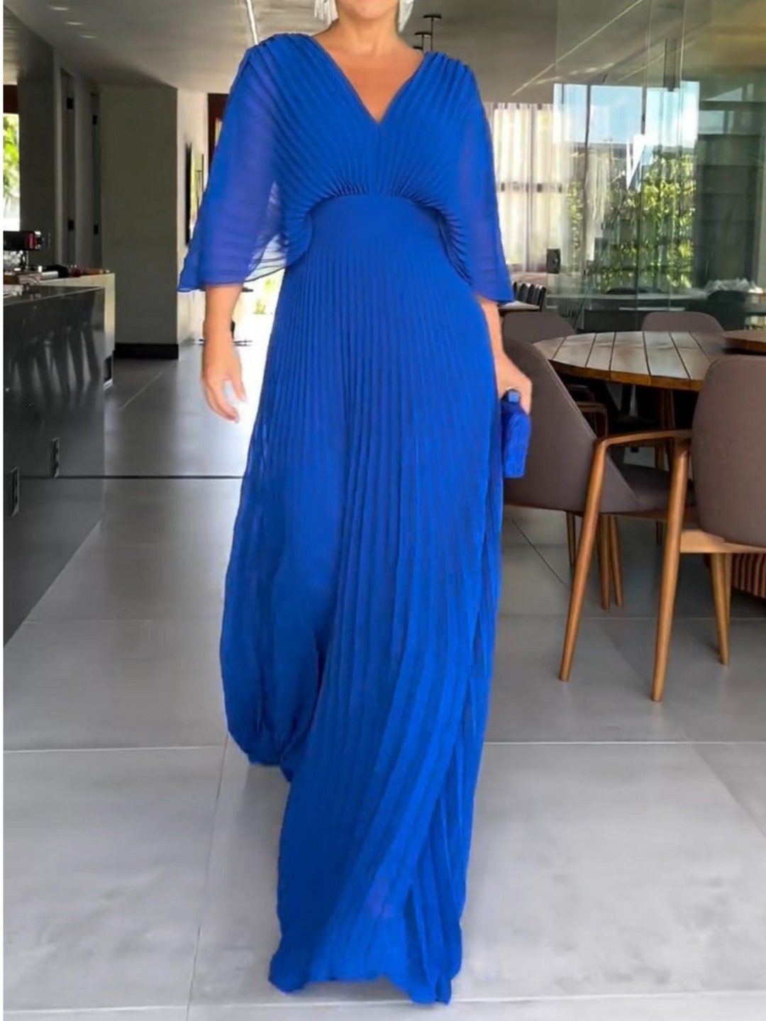 Women’s Pleated V-Neck Linen-Blend Maxi Dress