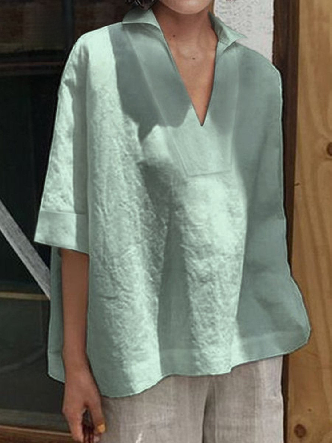 Women's Linen Blouse V-Neck Loose Fit Tunic Top