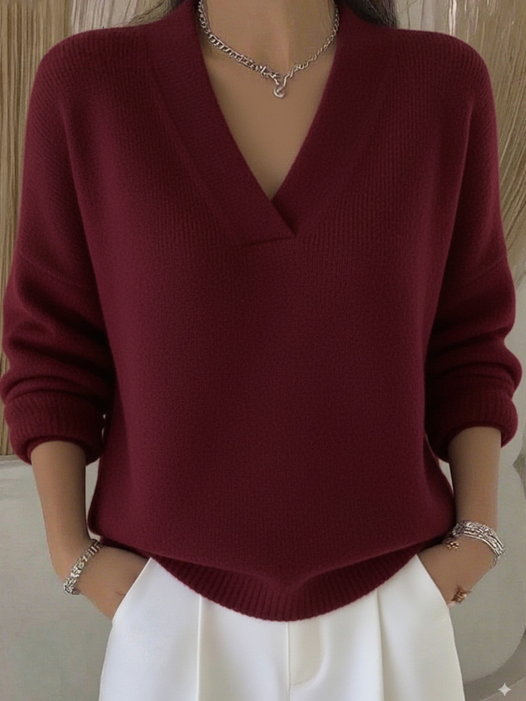 Women's V-Neck Long-Sleeve Knit Sweater