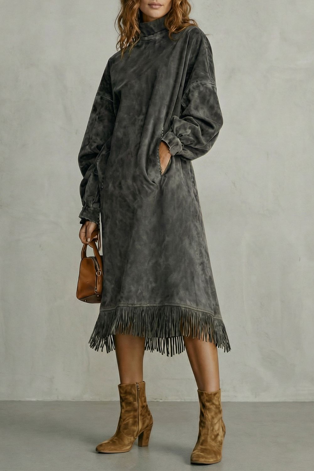 Women’s Faux-Suede Fringe Turtleneck Midi Dress