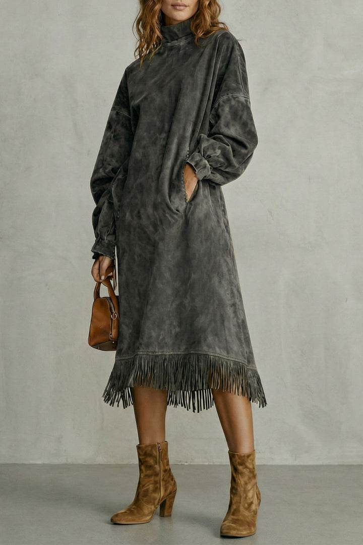 Women’s Faux-Suede Fringe Turtleneck Midi Dress