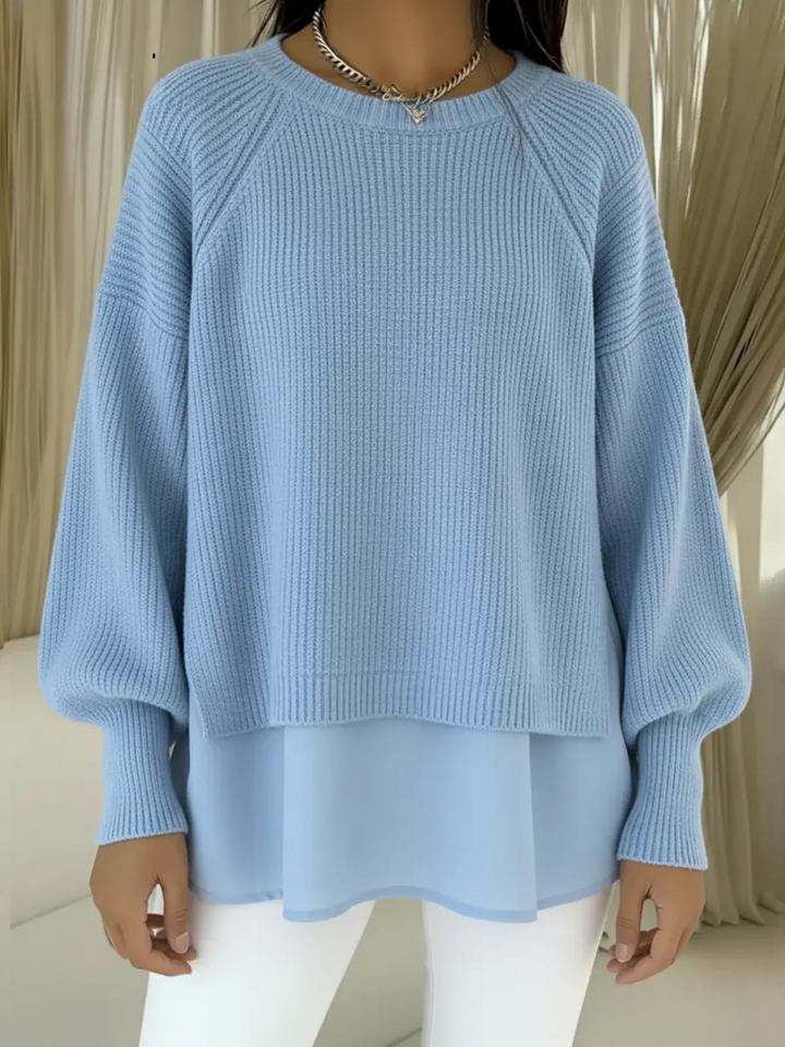 Women's Two-Piece Patchwork Knit Sweater Lantern Sleeve