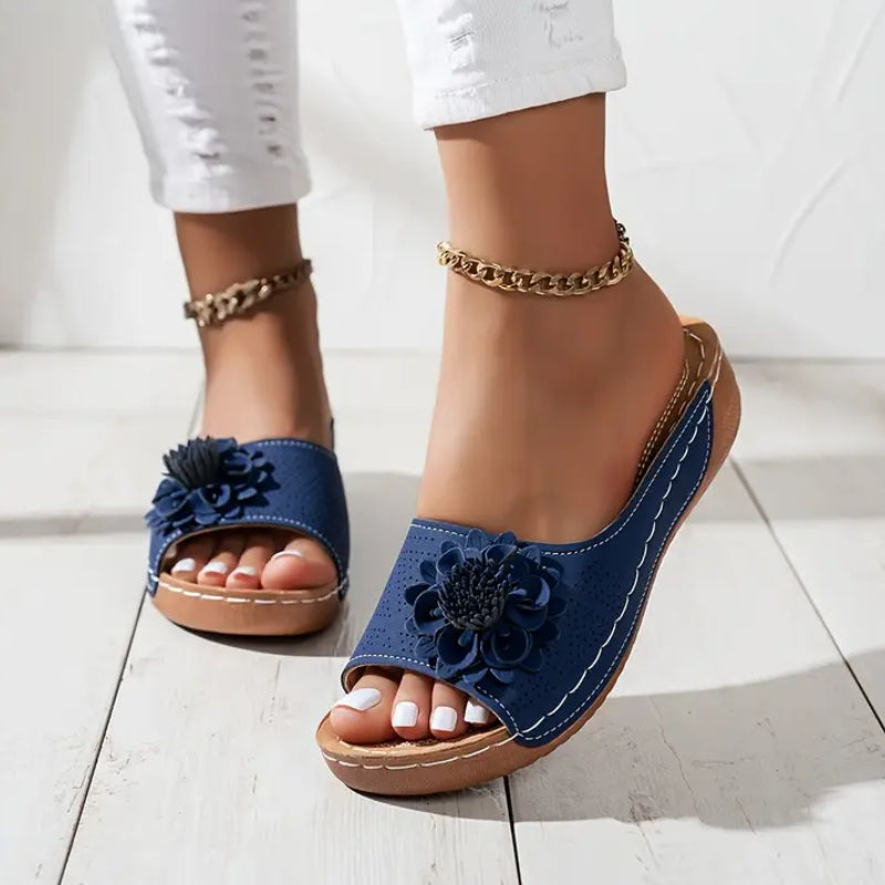 Women's Leather Wedge Sandals Open Toe Platform Mules