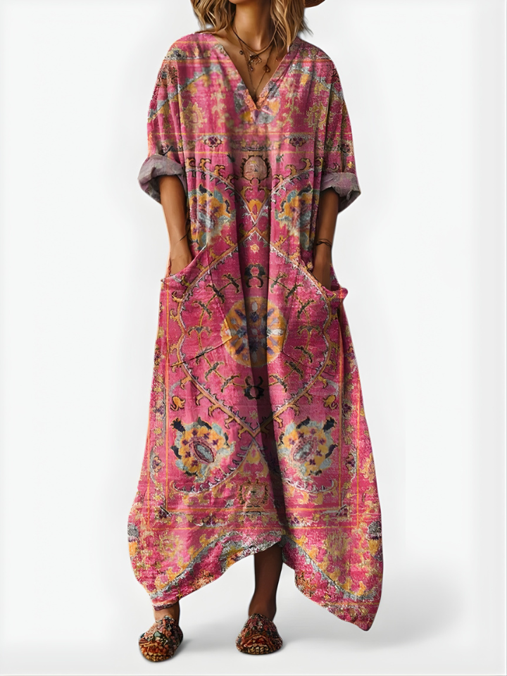 Women’s Linen Kaftan Boho Maxi Dress Floral Embroidered V Neck Relaxed Tunic
