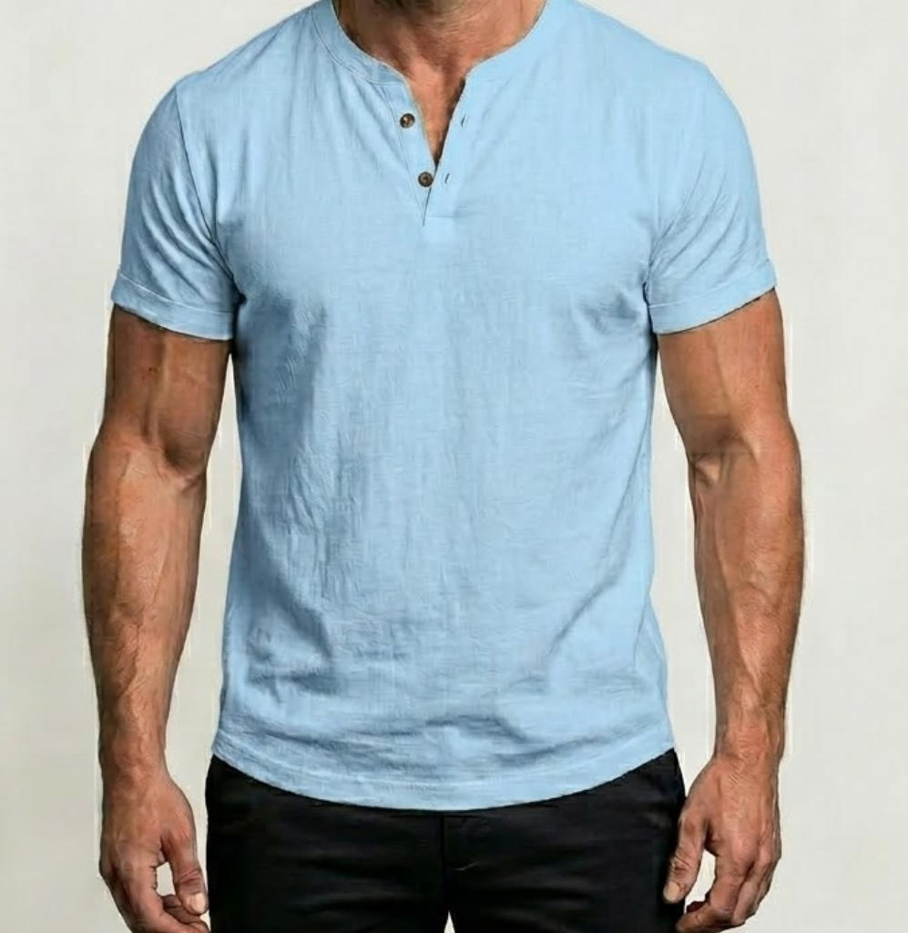 Men's Linen Henley V-Neck Short Sleeve Casual T-Shirt