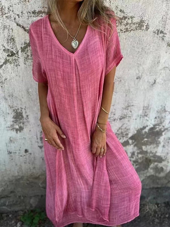 Women's Linen V-Neck Maxi Dress Short Sleeve Loose Fit Kaftan Style