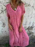 Women's Linen V-Neck Maxi Dress Short Sleeve Loose Fit Kaftan Style