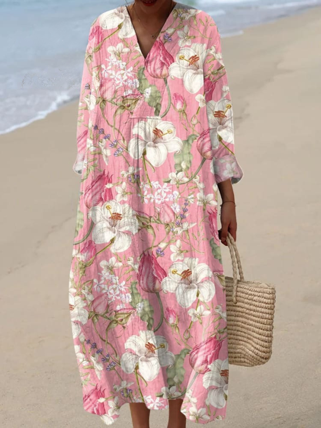 Women Linen Floral Shirt Pants Maxi Dress