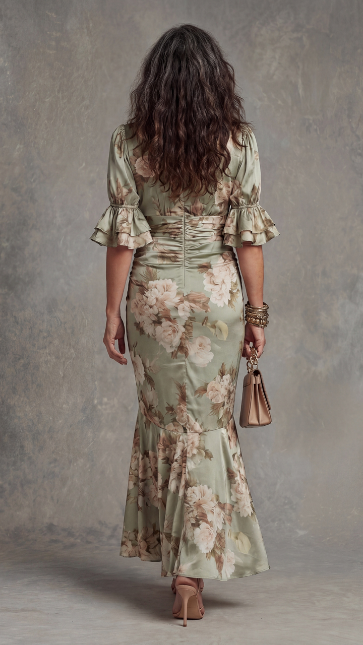 Women’s Silk-Blend Floral V-Neck Ruffled Maxi Dress