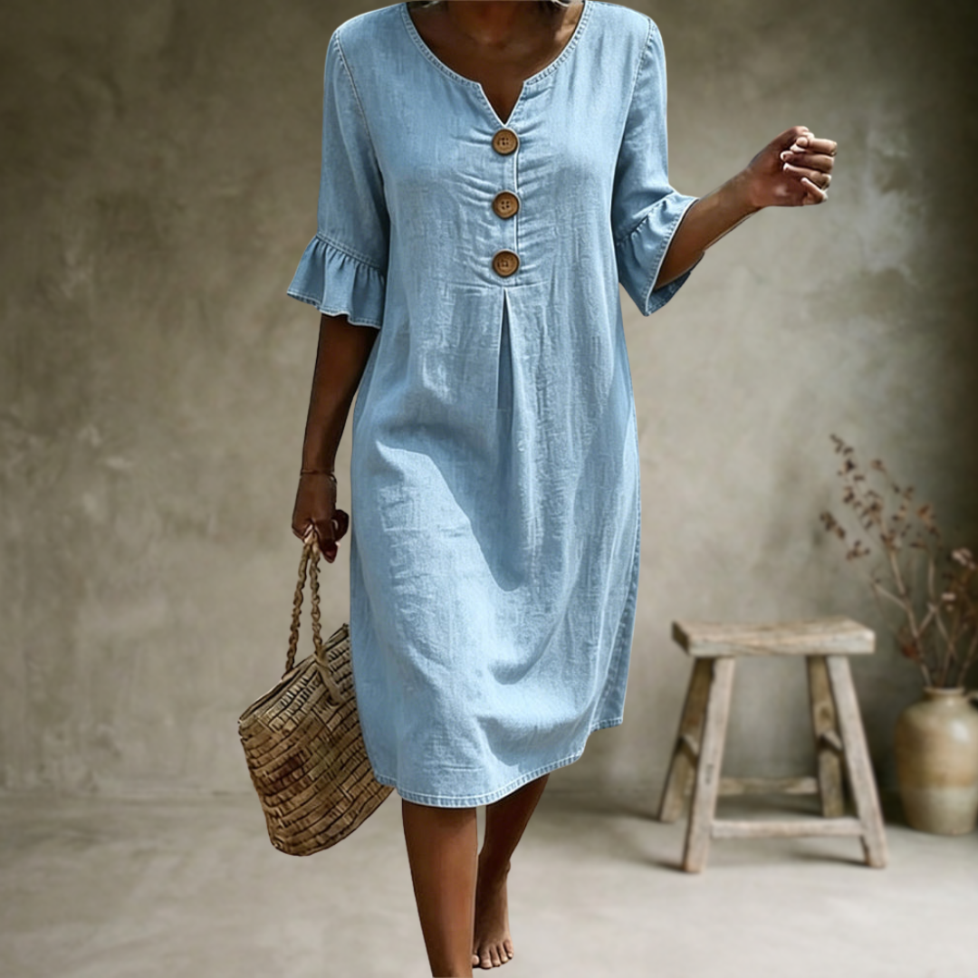 Linen V Neck Flute Sleeve Midi Dress for Women