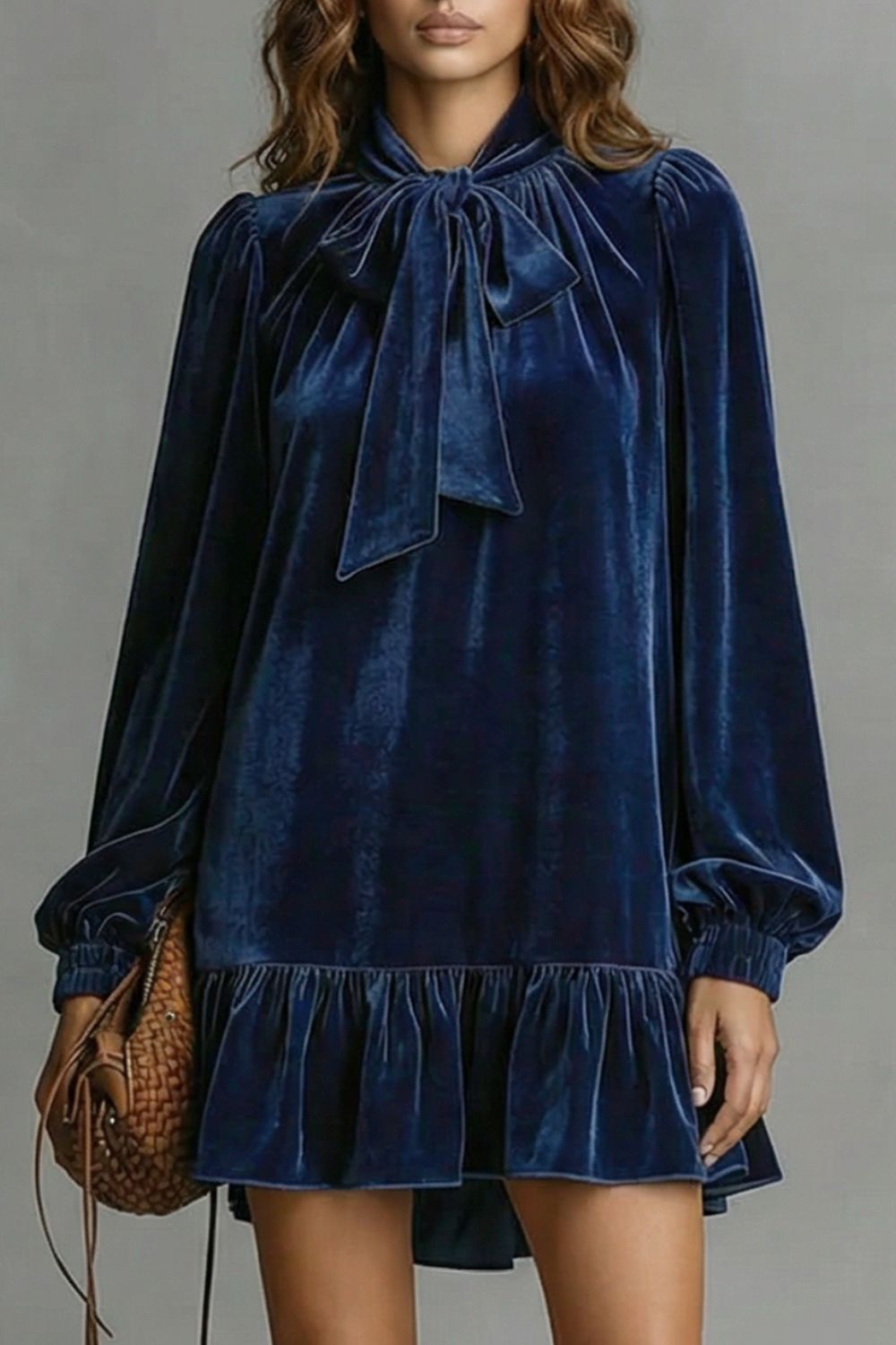 Women’s Velvet Bow-Tie Neck Long-Sleeve Mini Dress